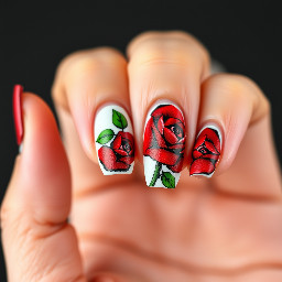 Nail design generator featuring hand-painted red roses with overlapping petals, paired with small green leaves