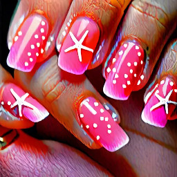 short soft almond nails, pink acrylic base with white french tips, coral starfish with small white dots on top on the index and ring fingers