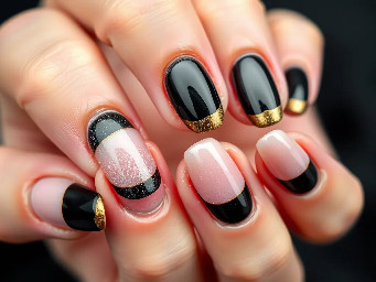 Nail set with slightly sparkly black French tips and a line of chrome gold in between the black tip and basic nail on every finger with a medium almond shaped nail.