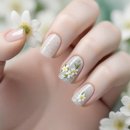 Short natural gel manicure on light pale skin that is a spring vibe and matches my white floral sequined mini dress