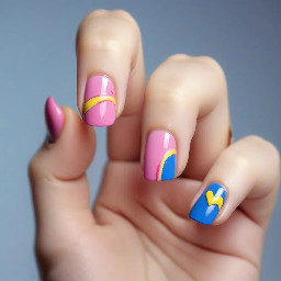 pinky finger is the same design as the thumb, ring finger is blue, middle finger is yellow, index finger is pink and thumb is pink with 3 little kiss marks, one pink, one yellow and one blue