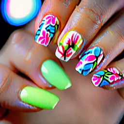 Almond nails that are pastel or neon colored with a flower pattern