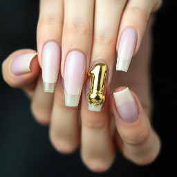 Long length pink clear acrylic base with modern gold french tips on the thumb, pointer finger and pinky. On the middle finger a gold 3d balloon in the shape of a 1. On the ring finger a gold 3d balloon in the shape of an 8