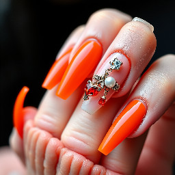 Super long 5xl nails with orange French tips and charms