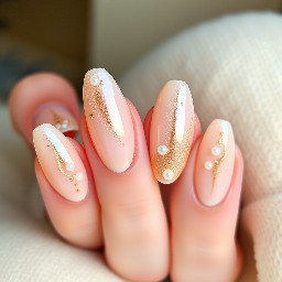 Aesthetic Short Almond Cat-Eye Nail Set  Short almond-shaped nails featuring a luxurious magnetic cat-eye effect with a soft velvet finish. The base is a sheer milky nude overlaid with a shimmering champagne, rose gold, and pearlescent cat-eye polish that shifts beautifully in the light. Each nail has a delicate glazed chrome sheen for extra depth. Accent nails feature tiny gold stars, micro pearls, and subtle crystal accents near the cuticles, while ultra-thin metallic gold outlines add an elegant touch. The overall color palette is soft, dreamy, and neutral with warm champagne tones, creating a clean-girl, coquette-inspired aesthetic. Finished with a high-gloss top coat for a sophisticated, salon-quality look that is timeless, feminine, and effortlessly chic.