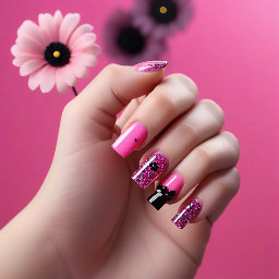 set of square acrylic nails. both pointer fingers and ring fingers have a bright glittery bubblegum pink base with a simple black flower. both pinky fingers, thumbs, and middle fingers have a black and glittery base with no flower.