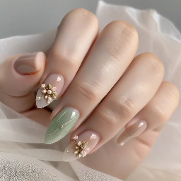 Elegant bridal nail set, short to medium almond shape. Sheer champagne milky base on all nails with a soft glossy finish. Color palette includes blush pink, sage green, warm bronze gold, and pearl accents.  Design should be cohesive, not all nails identical — 2–3 nails share similar designs with subtle variations.  Include:  One or two statement nails with a soft 3D or sculpted blush flower, translucent organza-style petals, pearl center with tiny crystals Several nails with delicate botanical vines, thin bronze/gold lines with sage green leaves, fine and airy Several nails with sheer layered blush petals, translucent and soft, mimicking fabric folds One or two minimal nails with small pearl clusters or single pearls  Style is romantic, airy, floral, inspired by embroidered wedding dress appliqué. Keep details delicate, not bold or graphic. Light, dimensional, soft luxury aesthetic.