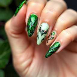Simple yet intricate nails based on DC villain Poison Ivy. I want them to be badass yet whimsical