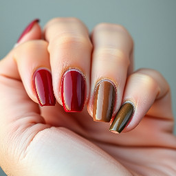 a very simple fall nail art design with the colours dark red, a normal red, dusty orange and dark-ish green