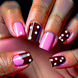 Generate a square French tip with a dark chestnut Brown with baby pink polka dots.