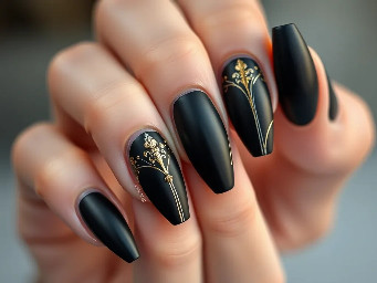 Coffin shaped Matte black nails with gold and silver accents
