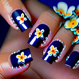 navy blue bit of crome and french tips with a simple flower for summer and acrilic