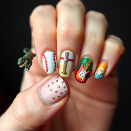 make acrylic short 3d art stranger thing nails  finger one demogorgon. finger two a baseball bat with nails.  finger three ice cream scoop in style of scoops ahoy. finger four eddies guitar.  five wsqk the squawk