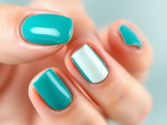 teal nails with a white 1 on the ring finger nail