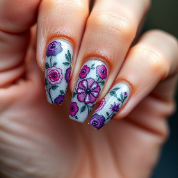 In style of macro photo, single hand, create nail art on fingernails based on: nails centered full view, sharp focus, true color, photoreal, 4k