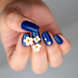 Blue and gold simple nails with 3d white flowers