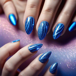 Make a almond nail with random not straight lines in an electric sparkly blue that appear on it