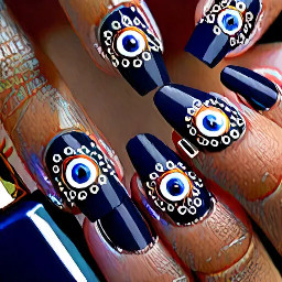 I want navy blue color french tip on all . Evil eye theme at least one of them has it. Add flowers of gel. Add details with silver lines or dots