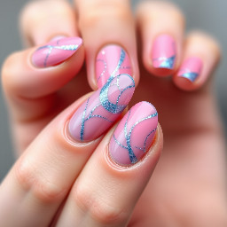 Make a pink/nude almond nail with random not straight lines in an electric sparkly blue that appear on it in squiggly lines