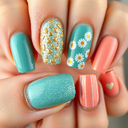 Thumb: Plain, solid no. design teal shimmer Pointer Finger: A soft, licoral base completely covered in tiny gold and teal hearts.Middle Finger: A lighter shimmery teal base decorated strictly with clean white daisies—no leaves or greenery.Ring Finger: A solid, full coat of smooth, metallic soft gold.Pinky Finger: A soft, coral base detailed with crisp vertical stripes and a couple of tiny scattered hearts.