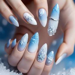 almond nails with a frosty winter and/or ice theme with the colours white and light misty blue. Can use glitter, French tips, ombre, shapes