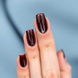 Deep maroon nails with ring finger nail navy blue with a sparkly star