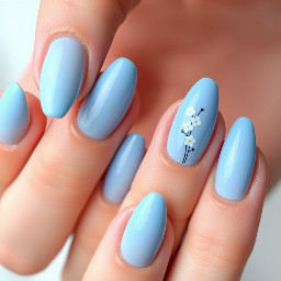 Nail set all nails are solid shades of      light blue but each    nail gets darker and darker as the nails go from the pinky to the thumb. The middle finger on the left hand is light blue French tip and the middle finger on the right hand is several small doodle uwhite flowers. The nails are almond shaped but as short as possible like only a bit smaller than the length of natural nails.