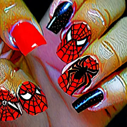 Spider man themed. The middle finger is red with the spider man mask. The ring finger is red with black spider webs. The ring finger is black with a red spider. The thumb and pinky are red with black accents.
