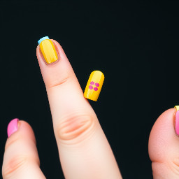 pinky finger is the same design as the thumb, ring finger is blue, middle finger is yellow, index finger is pink and thumb is pink with 3 little kiss marks, one pink, one yellow and one blue