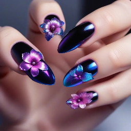 Cat claw shaped black nails with purple iridescent flower , pink iridescent flower, blue iridescent flower