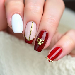 alomnd shaped nails,  🏴‍☠️ The Sleek Pirate Blueprint (Updated)  • Thumb: The Clean Quartz 	• Base: Smooth, full-cover milky white. 	• Design: A very fine, elegant 3D molten gold line tracing tightly around the cuticle and sides, exactly like the delicate framing in your first inspo picture. No center clutter. • Pointer: The Ultimate Gilded French 	• Base: A classic, natural pinky nude base tone. 	• Design: A clean burgundy red French tip with a single crisp white vertical line cutting straight down the center from cuticle to tip. 	• The Bands: Right along the smile line where the red meets the nude, build a raised, textured 3D gold band running horizontally across. Directly underneath that gold band, lay down a tight row of tiny gold micro-beads to create a tiered, regal effect. • Middle: The Captain's Crypt 	• Base: Deep, moody burgundy red. 	• Design: Your statement accent nail! Feature a 3D gold skull charm sitting centrally over the red base, exactly like the second inspo picture. • Ring: The Simple French 	• Base: A classic, natural pinky nude base tone. 	• Design: Keep it grounded and elegant. A simple, clean burgundy red French tip with a neat row of the small gold beads lining the bottom edge of the French tip. No extra lines or heavy 3D bands here to give the hand a "simple" breathing space. • Pinky: The Pearl Strand 	• Base: Deep, moody burgundy red. 	• Design: Accentuate the deep red base by placing a neat row of dainty micro-pearls aligned right along the cuticle curve or running vertically down the center.
