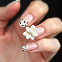 black polka dots on white french tips on all five fingers the base is milky pinky nude my ring finger has a 3d flower the ends of thepetals are white with polka dots on the tips of the petals and on the middle going down the petals are pinkier and for the middle of the flowerthere are three folden little balls.