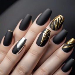 Coffin shaped Matte black nails with gold and silver accents