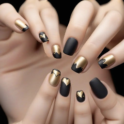 Visuals of toenails that match a nail set that is a nude base, matte black tips on 2 nails, other nails have small thin gold metallic lines with 2 tiny black hearts