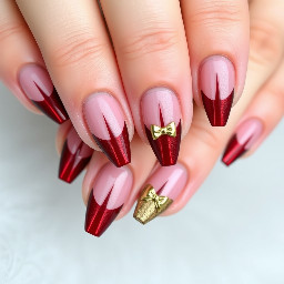 sharper shape with like a dark brown red color with a simple design that's easy for beginners some 3d builder gel art with gold chrome maybe a bow