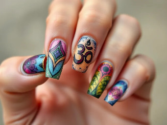 long square nails- ring finger must have OM sign, for the rest of the fingers you can freestyle. requirements- goa trance vibe, shivadelic vibe.