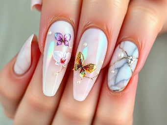 Prompt  Ultra-luxury couture nail art, long almond-shaped nails with a flawless high-gloss finish. A sophisticated blend of pearlescent chrome, translucent jelly layers, iridescent aurora shimmer, and delicate white marble veining accented with fine metallic gold foil. Each nail features a unique composition including hand-painted orchids, miniature butterflies, crystalline dew drops, floating holographic flakes, and tiny freshwater pearls. Soft blush pink fades seamlessly into milky ivory with hints of champagne and opal. Ultra-realistic lighting, professional salon quality, macro beauty photography, razor-sharp detail, elegant feminine luxury aesthetic, premium editorial fashion styling, award-winning nail competition design, perfectly manicured cuticles, luxury spa presentation, highly detailed textures, photorealistic, 8K, masterpiece.  Negative Prompt  blurry, low quality, cartoon, illustration, flat colors, poorly painted nails, deformed fingers, extra fingers, chipped polish, dirty nails, watermark, text, logo, oversaturated, unrealistic anatomy, duplicate nails, bad lighting, low resolution, noisy image.  Style Variations Quiet Luxury – nude beige, ivory chrome, gold micro-lines, subtle pearls. Mermaid Fantasy – aqua jelly, seashell chrome, pearls, holographic glitter. Dark Gothic – black obsidian chrome, silver filigree, roses, crystals. Cherry Blossom – pastel pink, sakura petals, soft glitter, delicate branches. Celestial – midnight blue, galaxies, moons, stars, silver chrome. Autumn Luxe – tortoiseshell, amber, bronze foil, maple leaves. Winter Ice Queen – icy blue chrome, snowflakes, crystal diamonds. Tropical Paradise – hibiscus flowers, turquoise marble, gold leaf, palm accents.