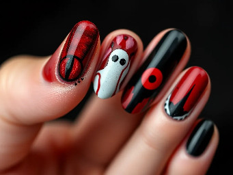 almond nails with the thumb as deep red almost brown with cat's eye, the pointer finger having a black base and the other half has blood dripping, the middle finger has a red base and a ghost, the index finger has a black base with cat's eye and the pinky has the same style as the thumb