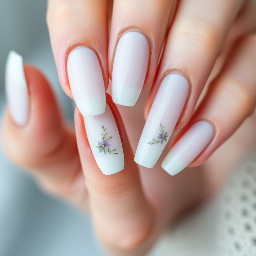 White long round acrylic nails. The ring finger is a white French tip with small delicate lavender and sage floral designs near the top edge of the nail