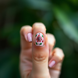 In style of macro photo, single hand, create nail art on fingernails based on: nails centered full view, sharp focus, true color, photoreal, 4k
