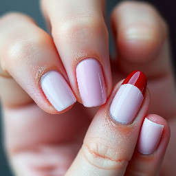 Fusxia pointer finger nail pinky nail and thumb nail. Light pink middle finger nail and ring finger nail. Red sideways tip on middle finger nail and finger finger nail