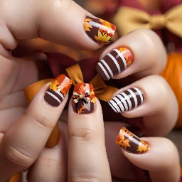 Cute fall nails with stripes, and bows for about 12 year olds