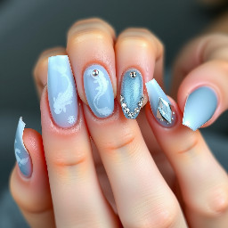 Stelleto medium long nails with white cat eye and coy blue hue to them with white koi fish in the pointer and ring finger the others nails have gems and the middle finger son both have a mirror outline in silver