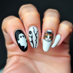 Design an image of oval shaped nails, 1 hand should have a black background with a white ghost on the middle finger and on the pointer finger should be a black background with a white spider web. The remainder should be sparkly black. On the other hand, the pointer finger should be white with a black drip from the nail bed towards the tip. The middle finger should have a white background with a cat, where just the eyes and ears are on the tip of the nail. The remainder should be sparkly black.