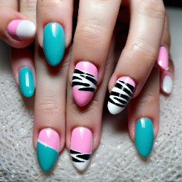 So I want my pink finger to have that French tip zebra design and then my rank finger to have like white like a pink bass coat, white stripes and then three 3-D shapes circles that are teal and then I want my middle finger to have a teal French tip and then I want my pointer finger to have a white French tip with black polkadots and then my thumb to have black French tip with white dots in the base code for all of these is pink, and the shape is stiletto