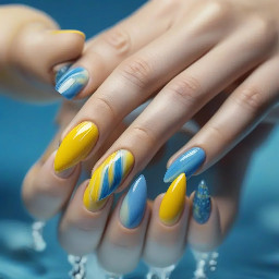Women’s almond shape nails in yellow and different shades of blue in a water look