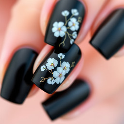 Elegant black nail design with a glossy or matte black base. Delicate floral details in white or soft pink, with thin, minimal linework. Subtle gold accents for contrast. Sophisticated, modern, and minimal