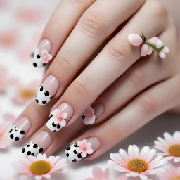 black polka dots on white french tips on all five fingers the base is milky pinky nude my ring finger has a 3d flower the ends of thepetals are white with polka dots on the tips of the petals and on the middle going down the petals are pinkier and for the middle of the flowerthere are three folden little balls.