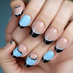 Almond shape 	•	pinky skin color base 	•	black micro French tips (very thin black line instead of thick tip)  	•	Ring finger: baby blue thin N letter in a bubble font  	•	Optional: tiny dot accents in baby blue near the cuticle