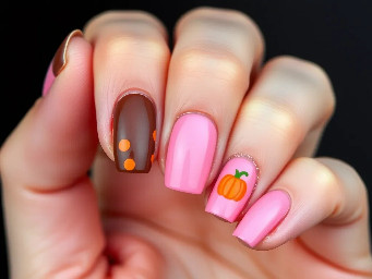 nails with a brown thumb, third finger, and pinky, second finger and fourth finger are pink. brown nails have orange polka dots and pink ones have a little orange pumpkin in the corner